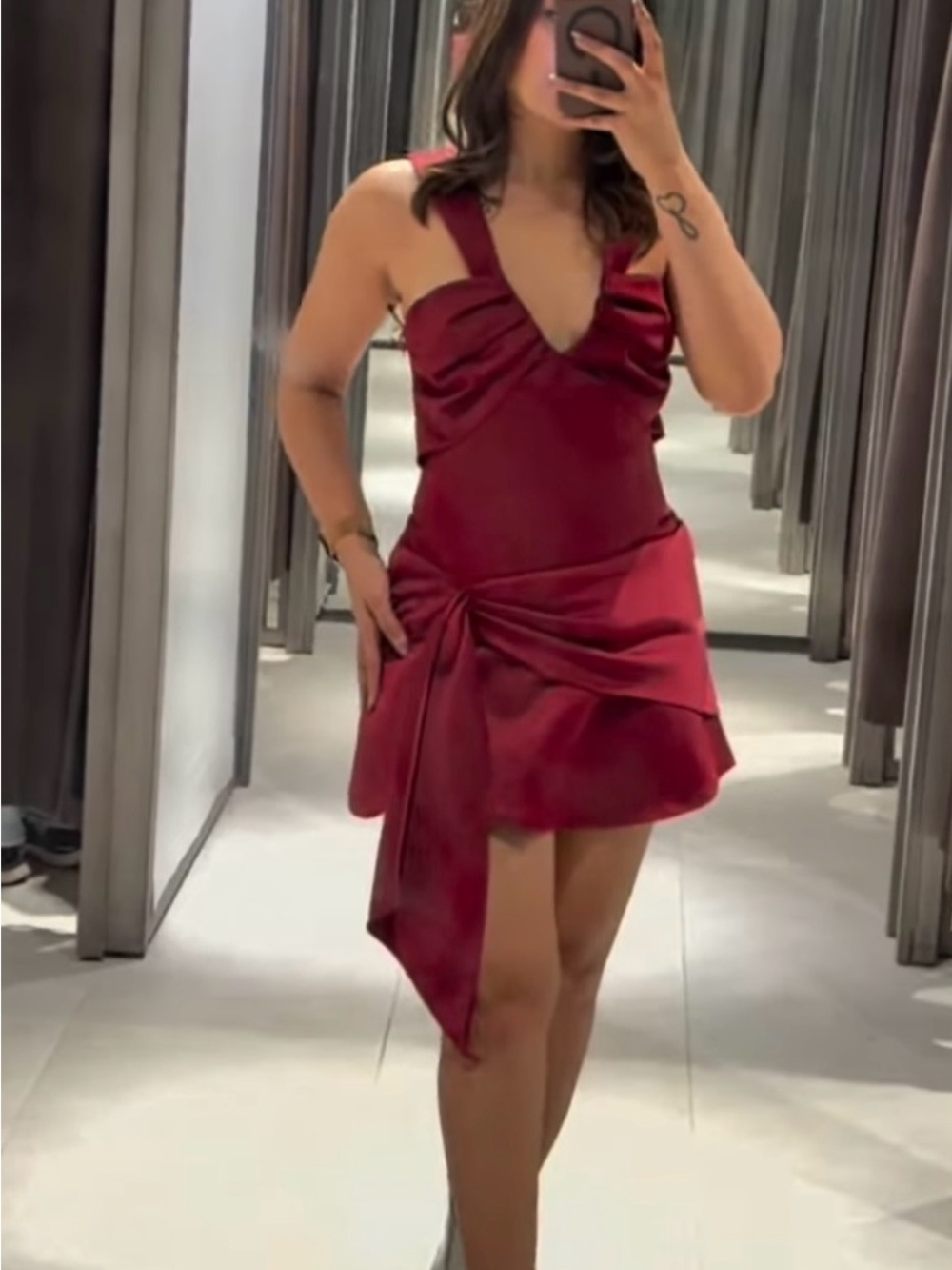 Zara Burgundy Satin Mini Dress with Draped Knot